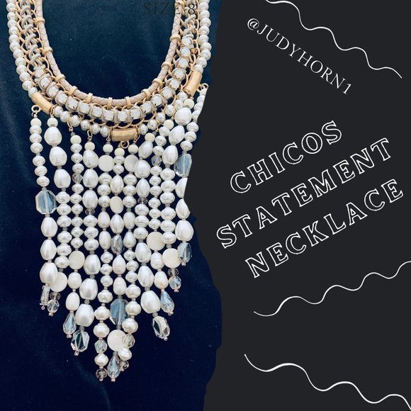 CHICO'S Statement Necklace Goldtone, Rhinestones and Faux Pearls - Picture 6 of 9